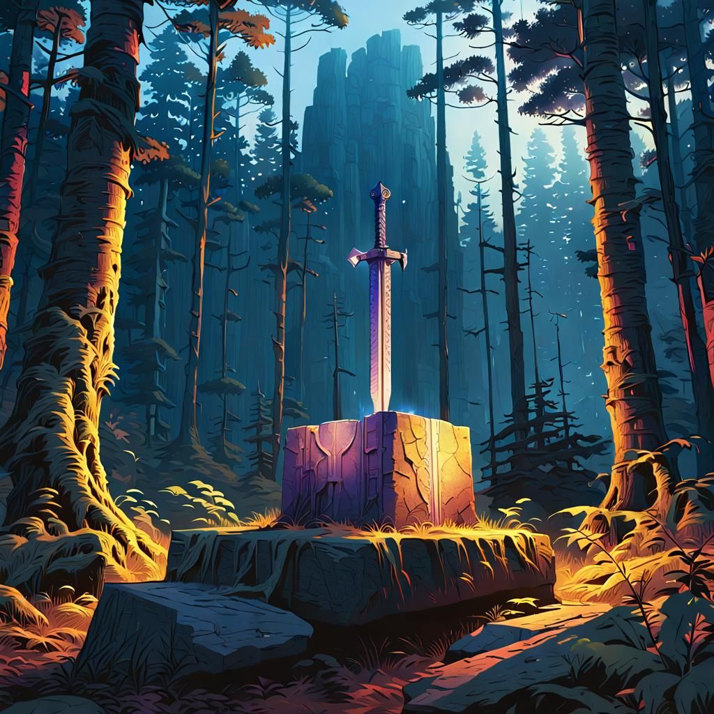 Glowing Sword in Stone Pedestal, Fantasy Illustration