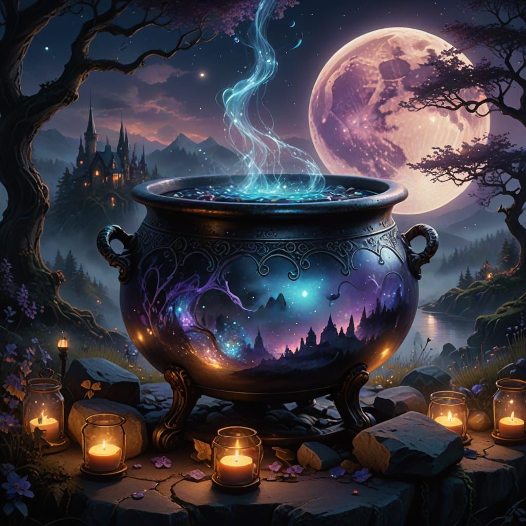 Bubbling Cauldron with Ethereal Mist and Glowing Runes