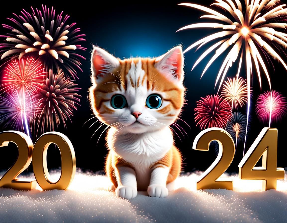 Detailed New Year's Cat Celebration in Digital Art