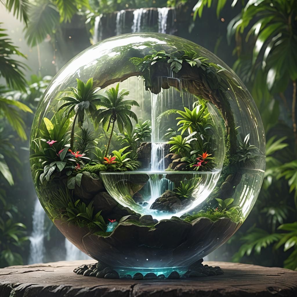 Tropical Oasis Inside Glass Sphere