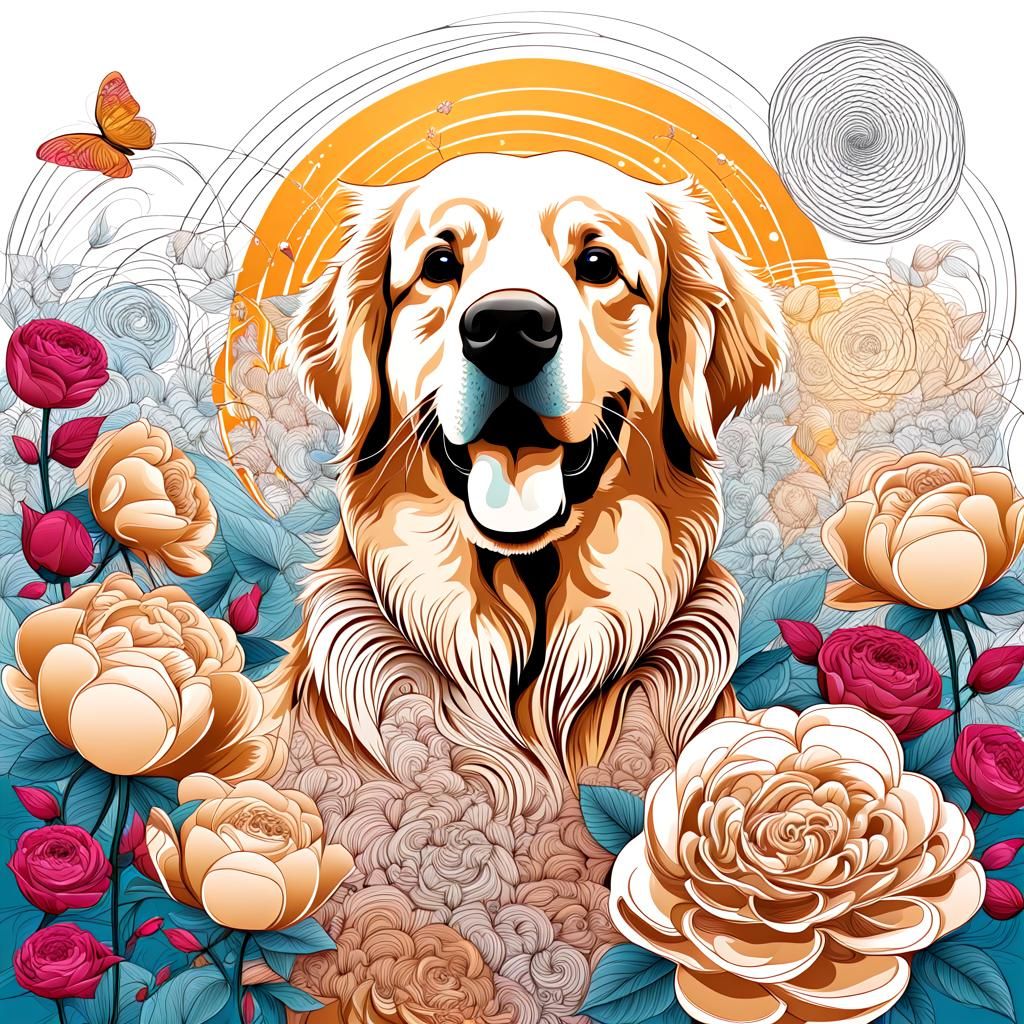 Golden Retriever in Spirograph Floral Field