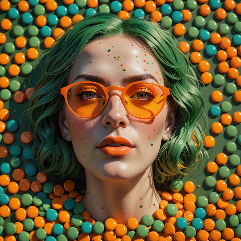 Surrealistic Oil Painting of a Woman Made of Smarties in War...