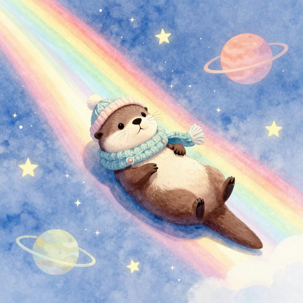 Otter Slides Rainbow in Celestial Dreamscape