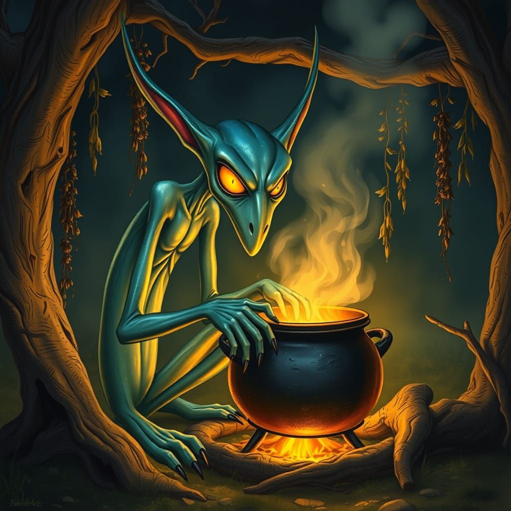 Mystical Blue Beast Leans Over Cauldron in Enchanted Forest