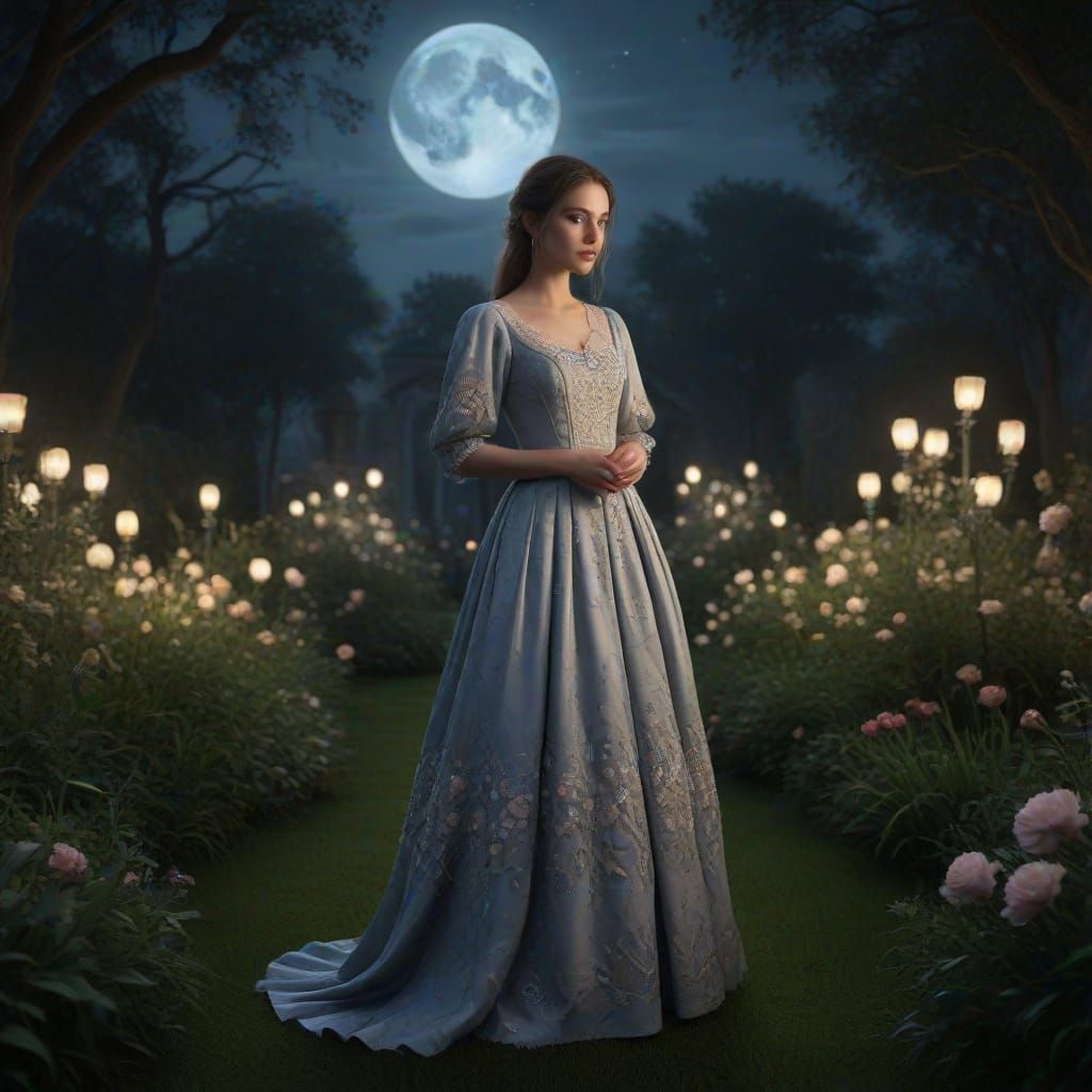 Ethereal Garden: Girl in Moonlit Fantasy Realism