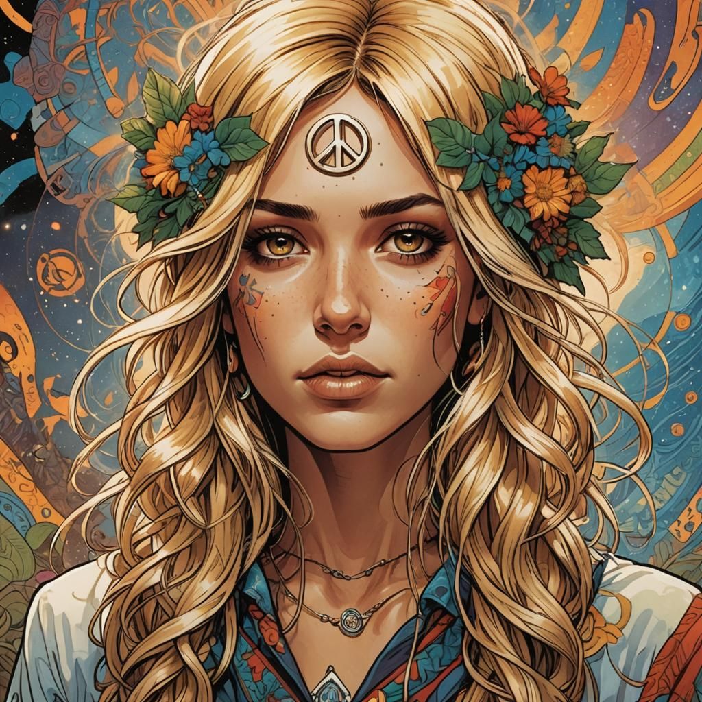 Hippy Woman in Comic Book Art Style