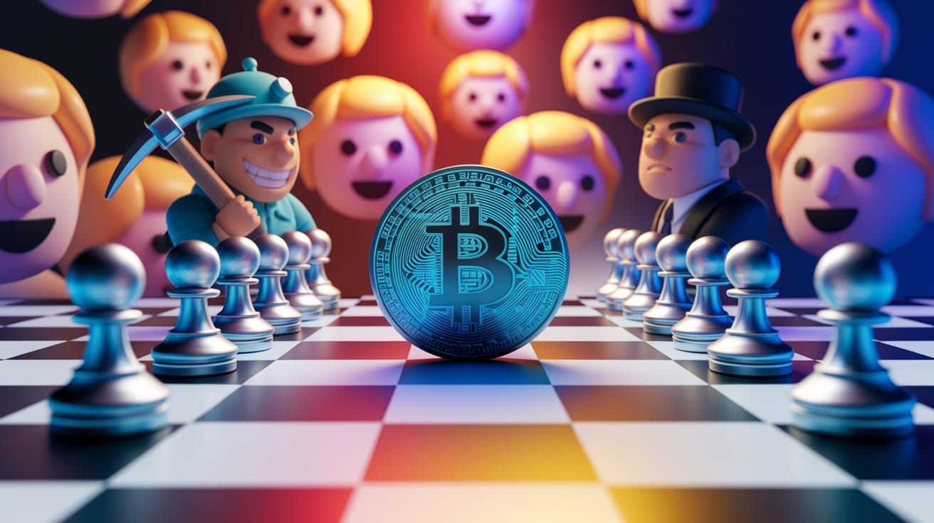 Bitcoin and Ethereum Chessboard Scene with Miner and Banker