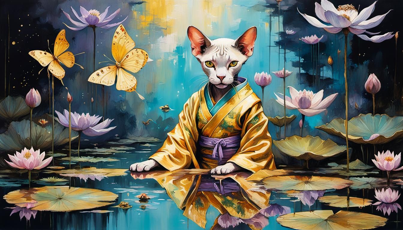 Sphynx Cat Geisha Reflecting in Lotus Pond