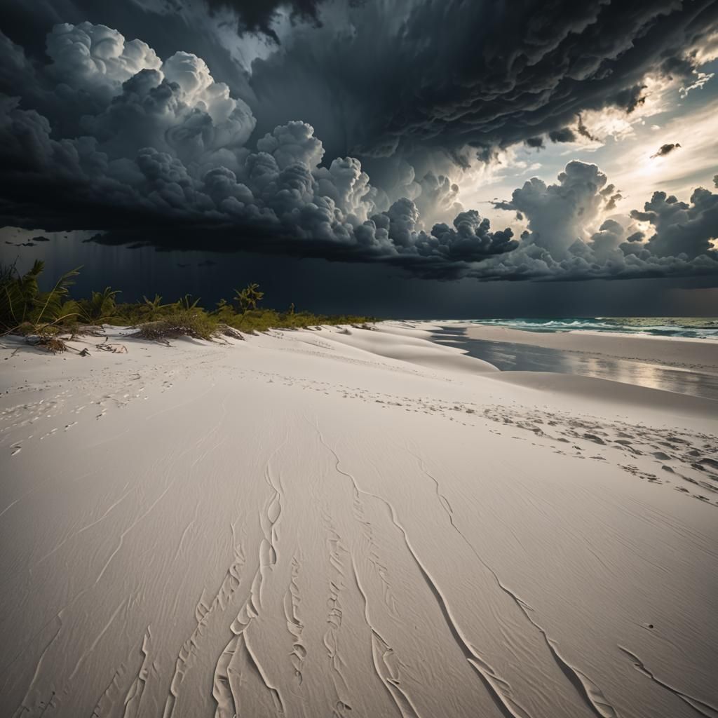 Dramatic Storm Sky Over White Sand Beach