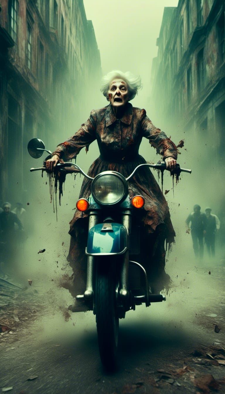 Police Car Chasing Old Woman on Motorbike