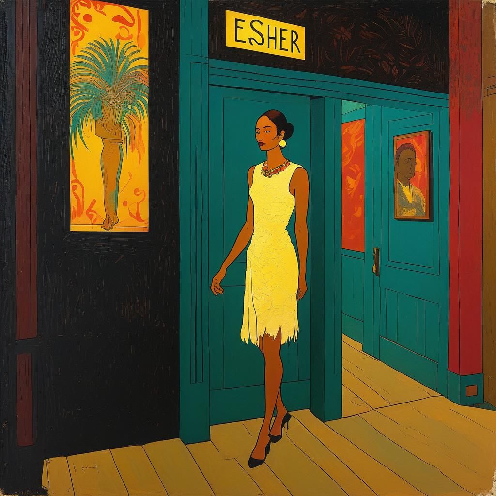 Island Girl in Escher Building, Post-Impressionist Style