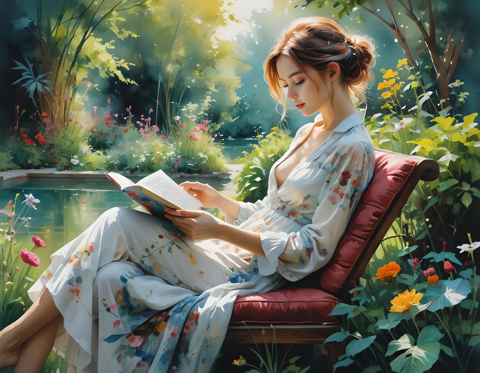 Woman Reading in Surreal Garden Scene