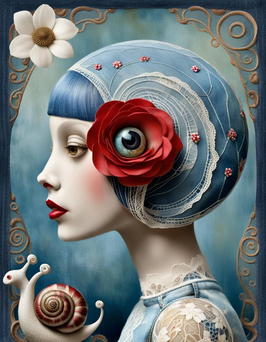 Surreal Portrait with Snail Neck in Art Deco Style
