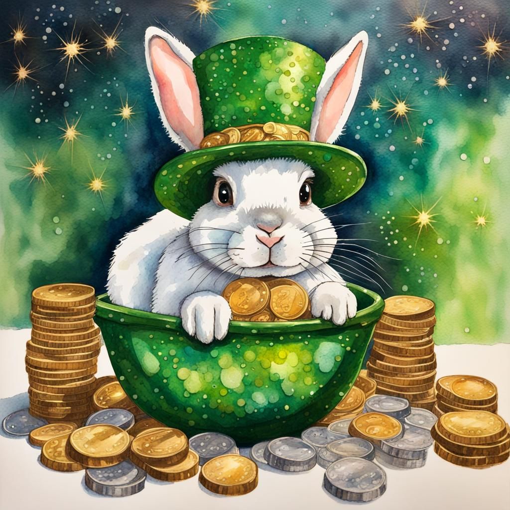 Lucky Leprechaun Bunny in Mixed Media Watercolor