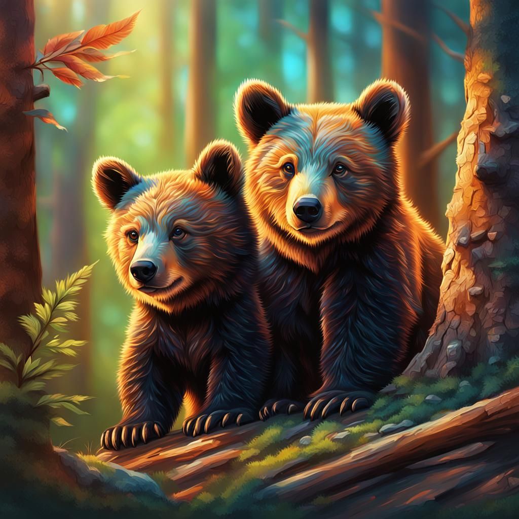 Hyperrealistic Baby Bear Cubs in Forest