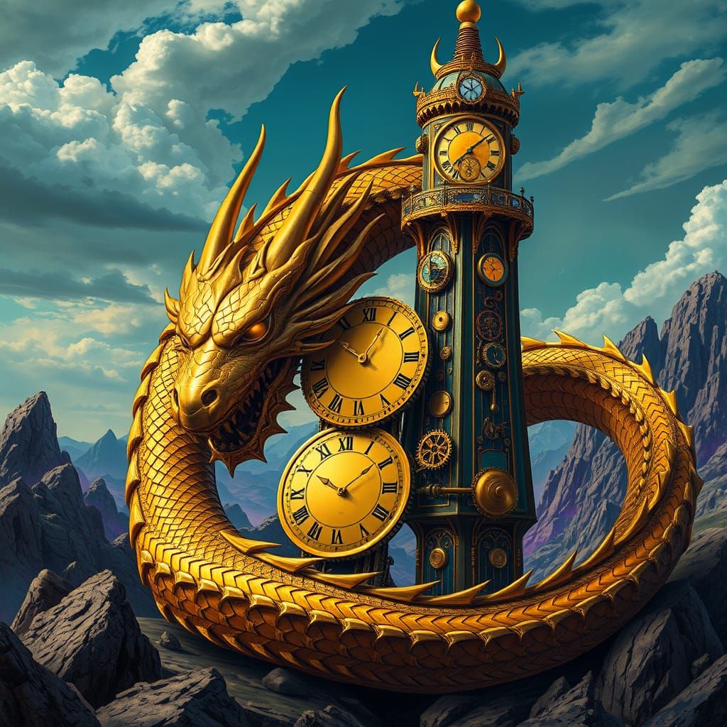 Clockwork Dragon Coils Around Crystal Tower in Art Deco Styl...
