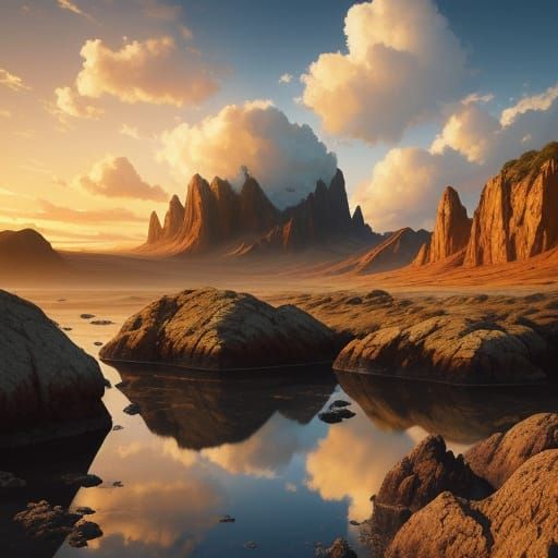 Golden Hour Planet Landscape in Oil Painting Style