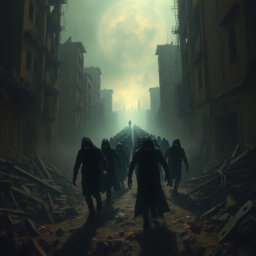 Haunting Cyberpunk Scene of Blind Figures Stumbling Towards ...