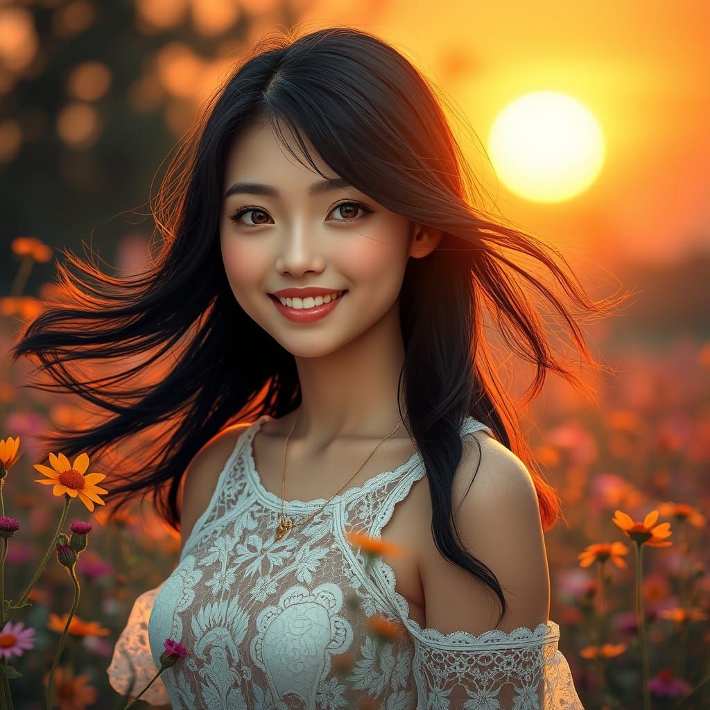 Japanese Woman in Wildflowers at Dawn, Hyper-Realistic Style