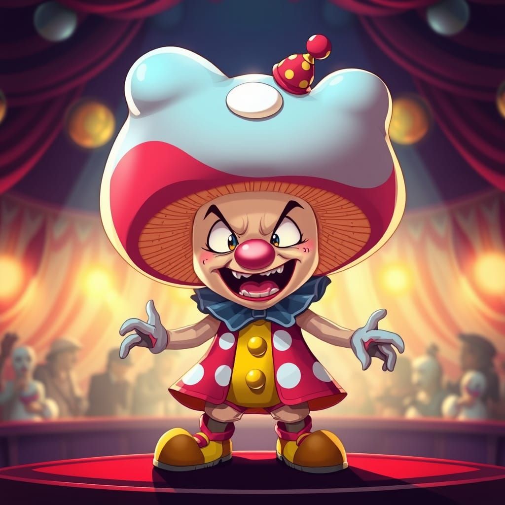 Shiitake Mushroom Clown Performance in Anime Style
