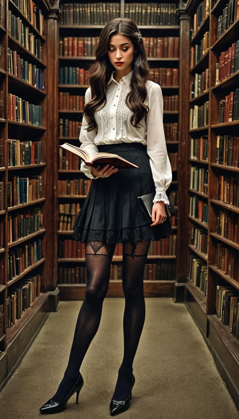 Hyperrealistic Librarian in Dimly Lit Library