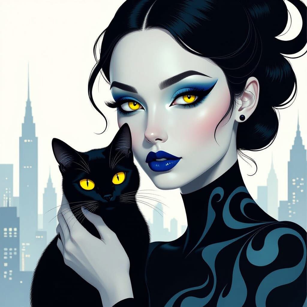 Abstract Woman with Cat in Ethereal Cityscape