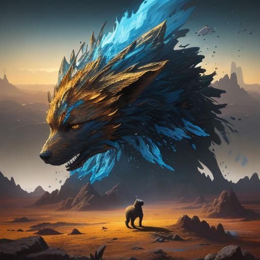 Dog and Cat Hybrid in Fantasy Landscape