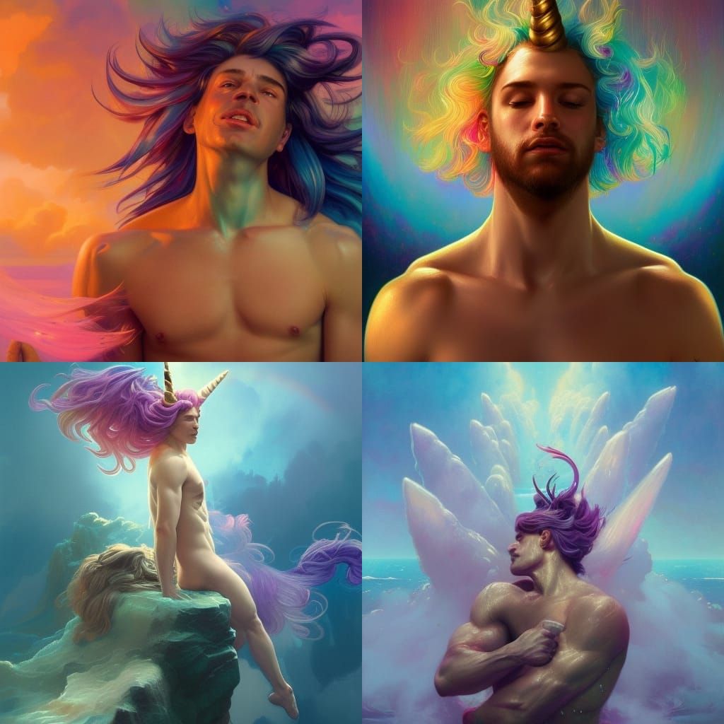 Gay Unicorn Mermen in Rainbow Heaven Portrait