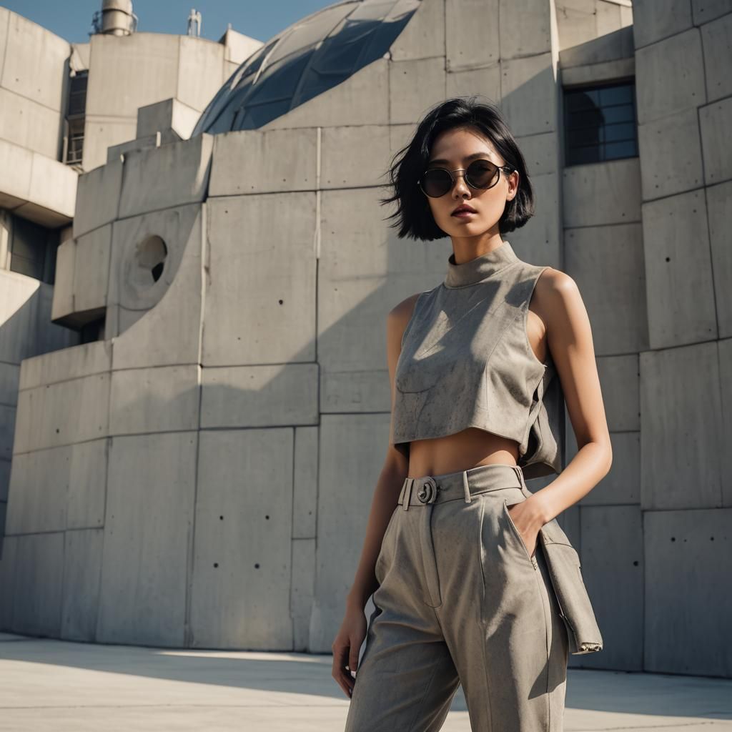 Asian Model in Concrete Bodysuit, High Fashion Photography