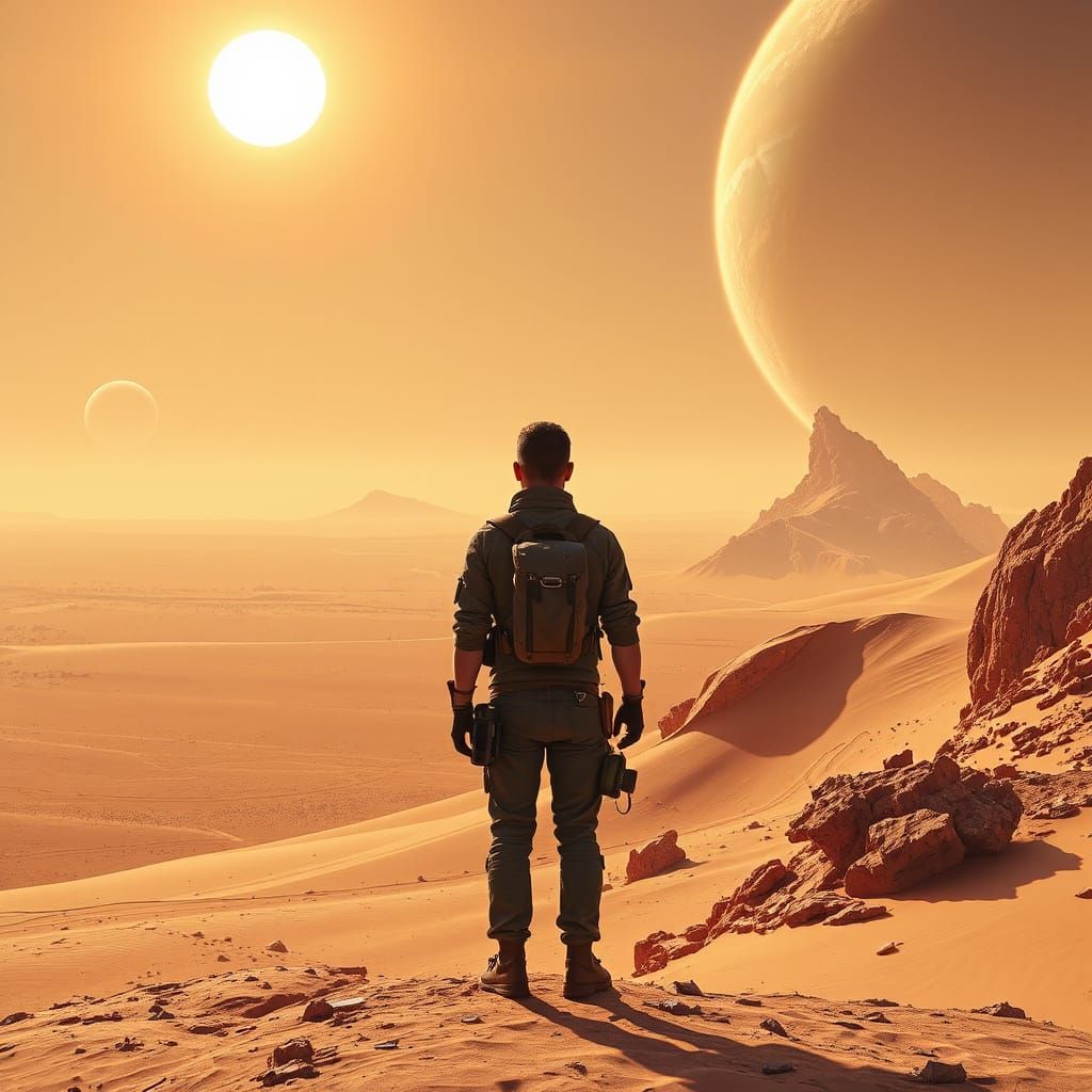 Traveler Gazing at Ringed Planet in Alien Desert