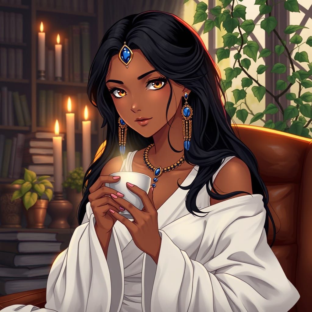 Beautiful Goddess Queen Ishtar in Elegant, Darkened Study