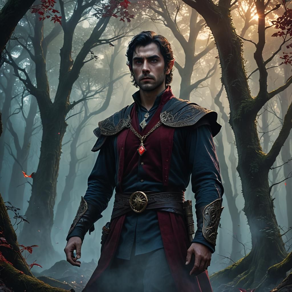 Half-Elf Warlock in Misty Forest: Dark Fantasy Art