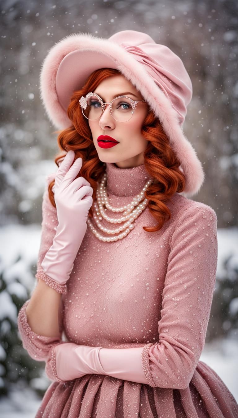 Glamorous Woman in Pink Dress Winter Portrait