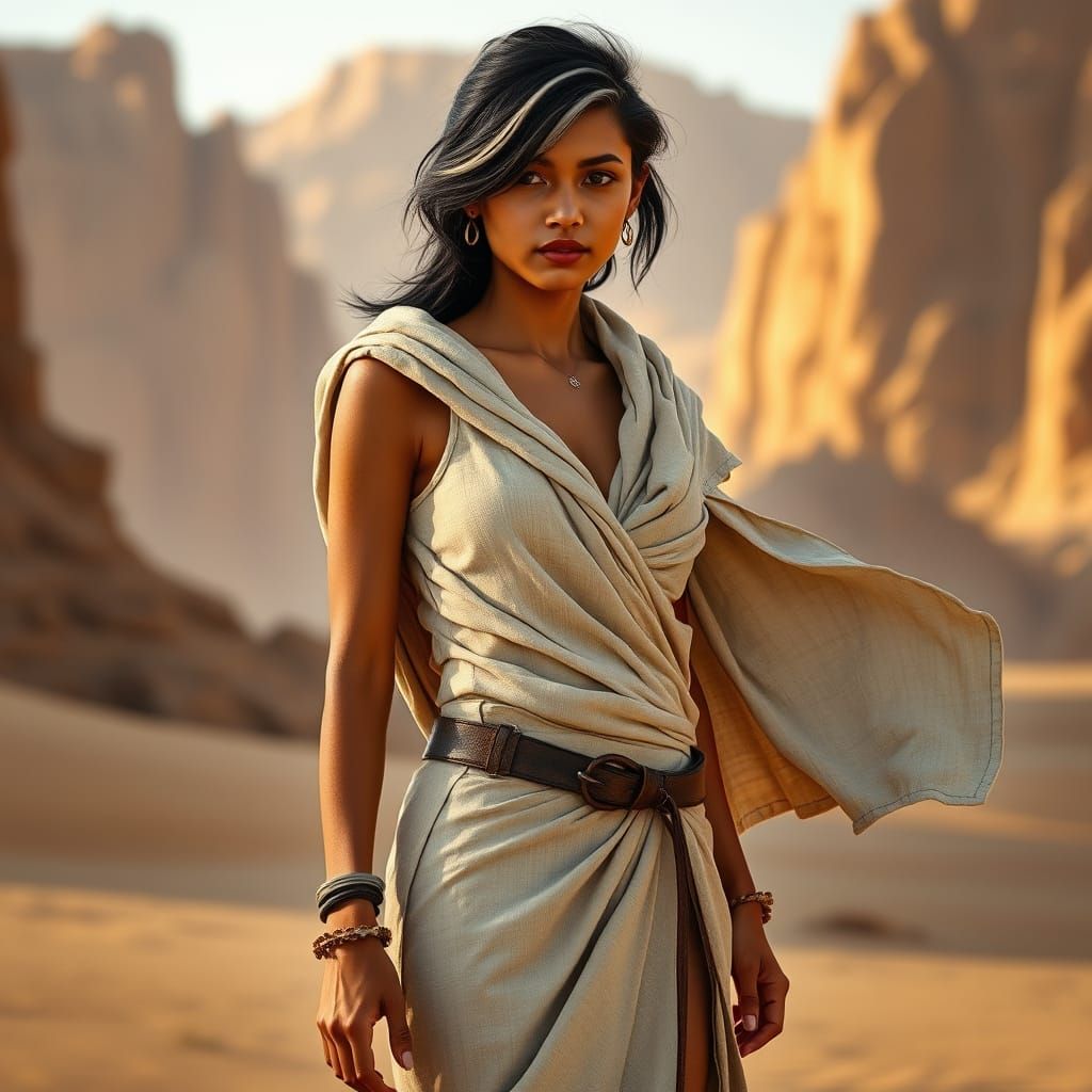 Confident Woman in Desert Landscape, Hyperrealistic Portrait