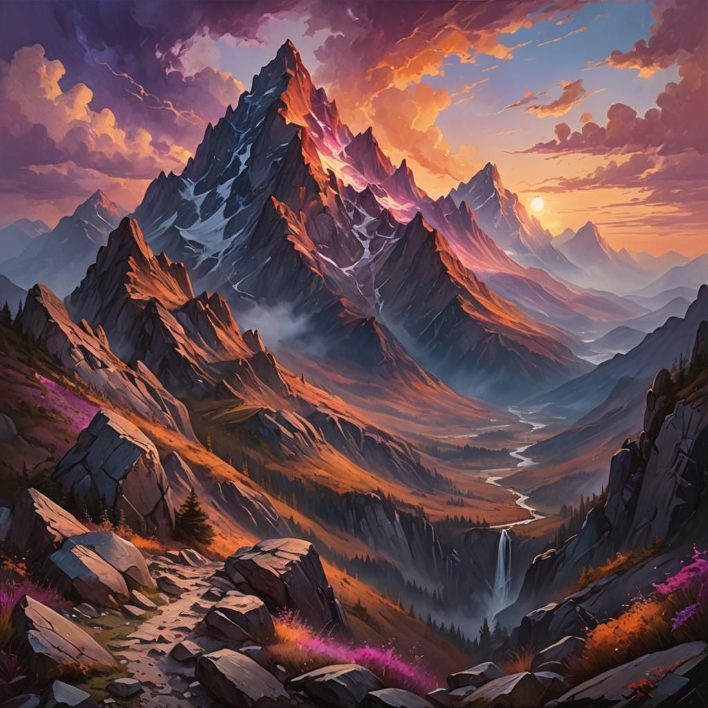 Serene Sunset Mountain Peak in Oil Painting Style