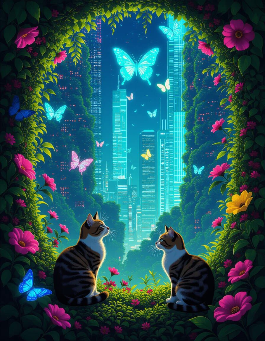 Cyberpunk Vertical Gardens With Cats, Flowers, and Butterfli...