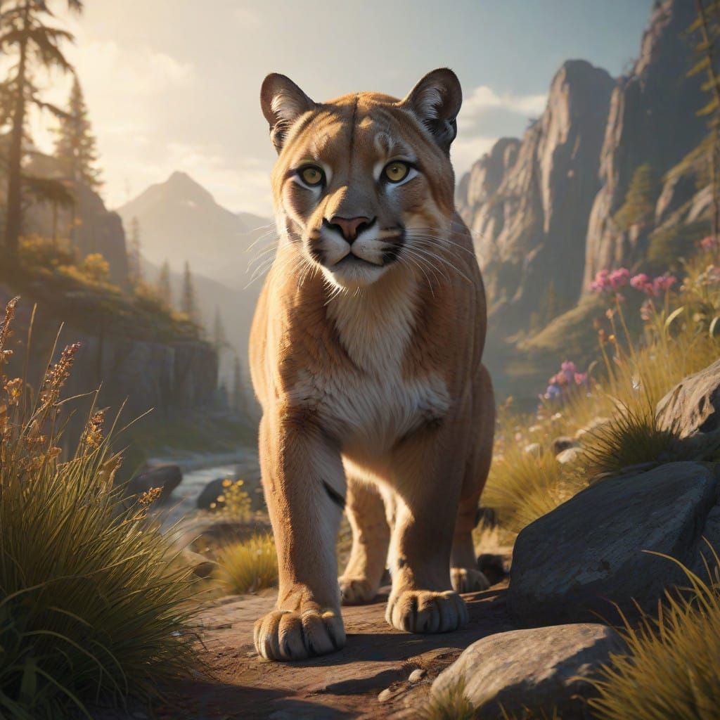 Heroic Puma in Dreamlike Landscape, Cyberpunk-Inspired Conce...