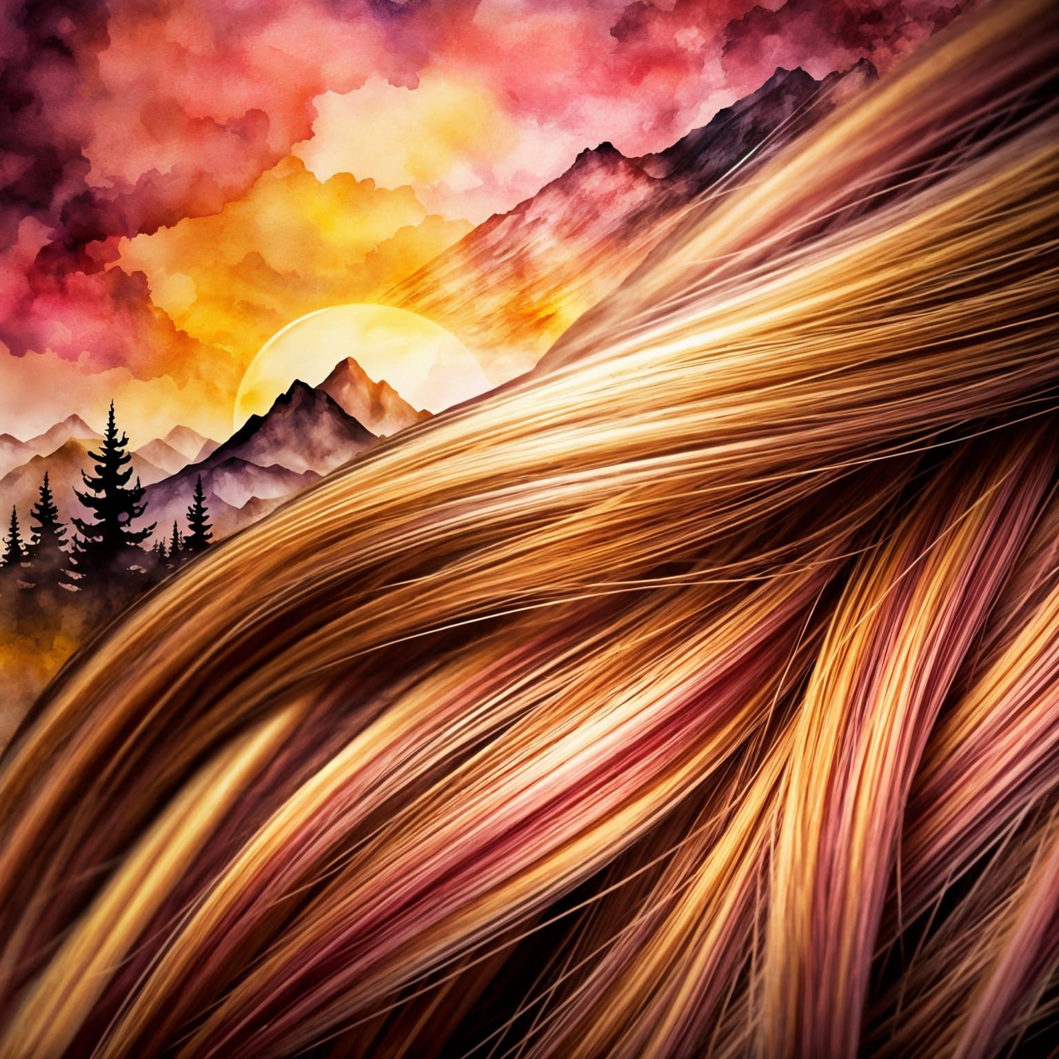 Watercolor Sunset Landscape with Double Exposure