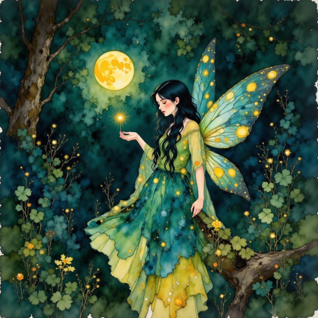 Whimsical Fairy and Glowing Firefly in Enchanted Forest