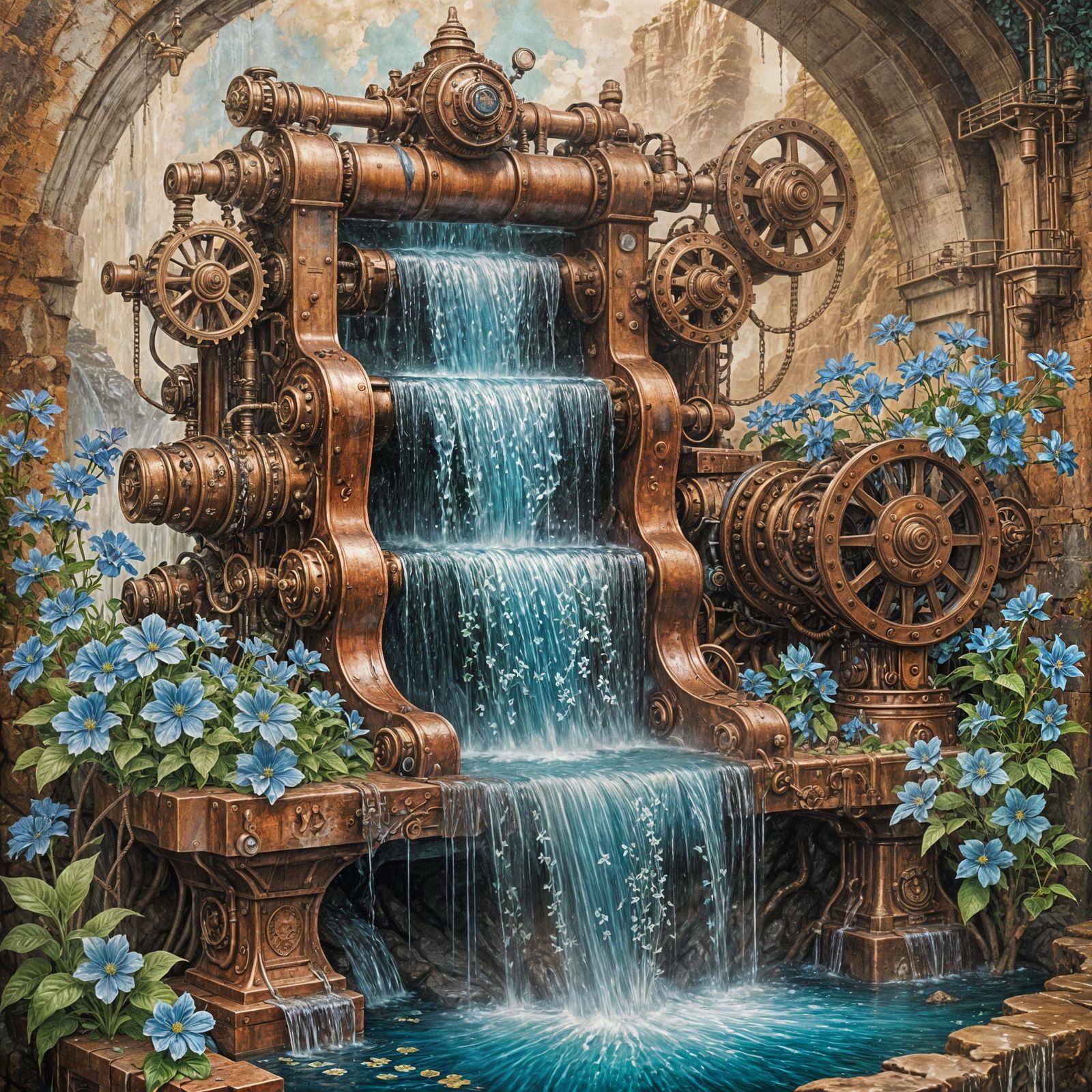 Steampunk Waterfall Fountain with Blue Flowers