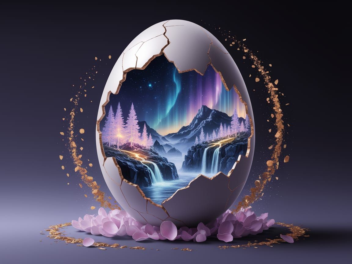 Ethereal Porcelain Egg in Cosmic Gold Kintsugi Landscape