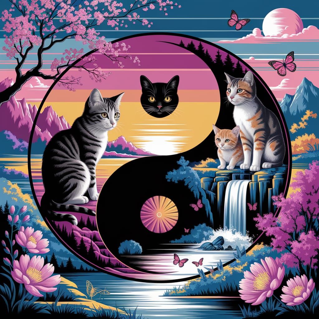 Yin Yang Symbol with Cats and Cherry Blossoms