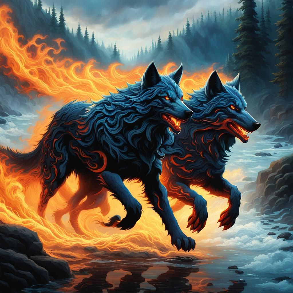 Elemental Wolves Running by River in Dark Fantasy Art