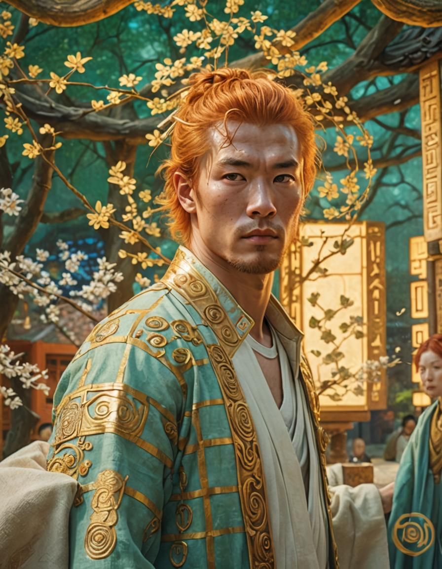 Shaolin Monk and Redhead in Klimt-Inspired Concept Art