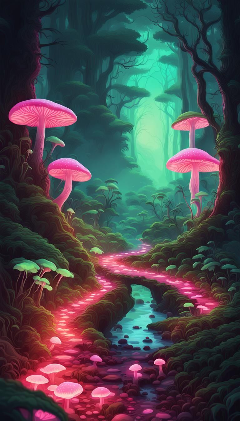 Luminous Amazonian Forest Path in Bioluminescent Fantasy Sty...