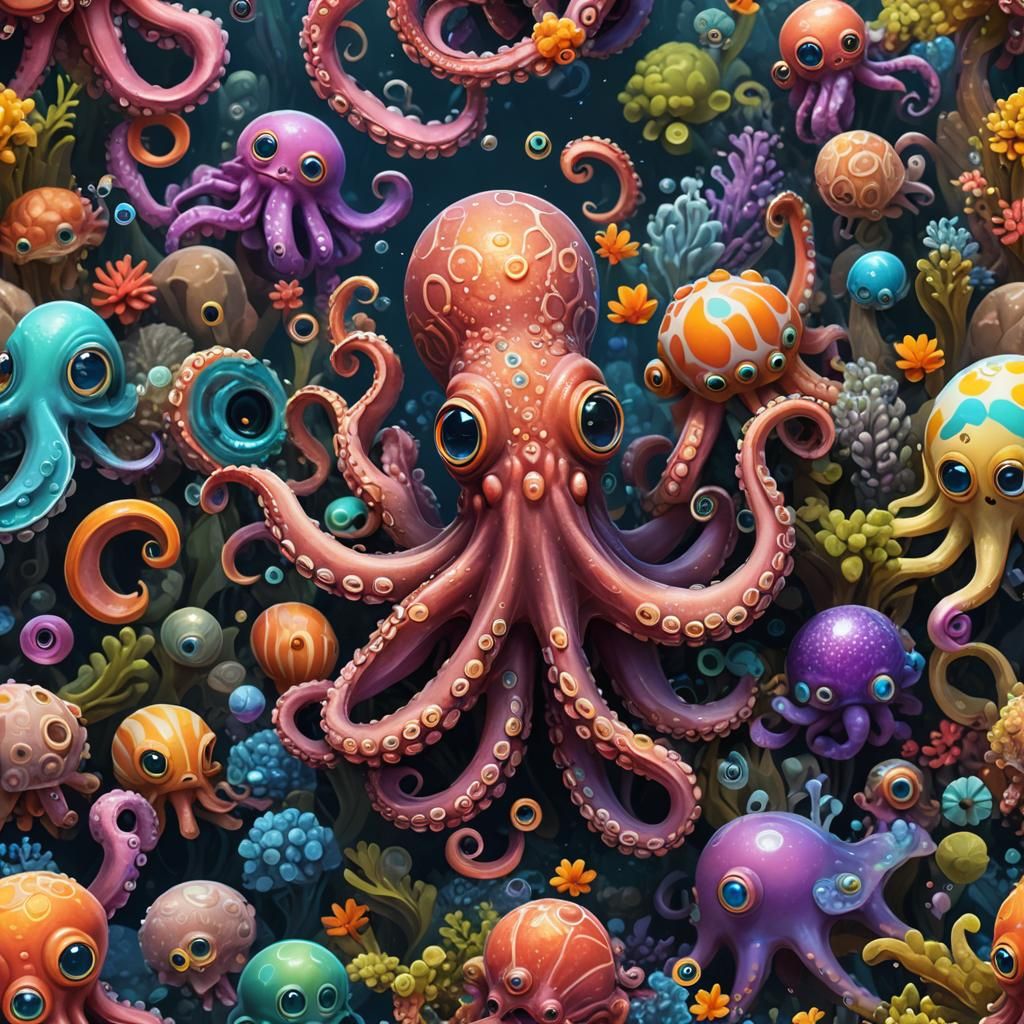 Colorful Octopus with Big Eyes: Detailed Matte Painting