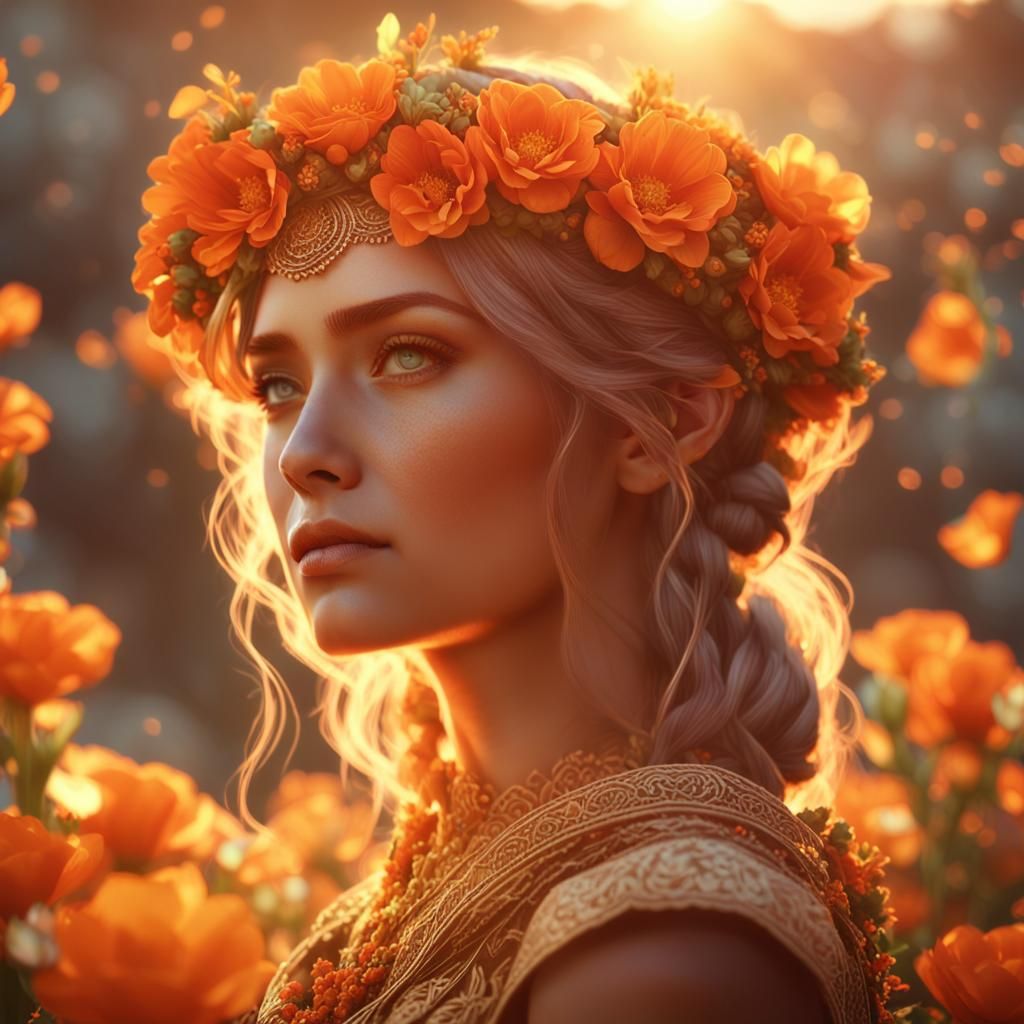Woman with Orange Flower Crown in 3D Style
