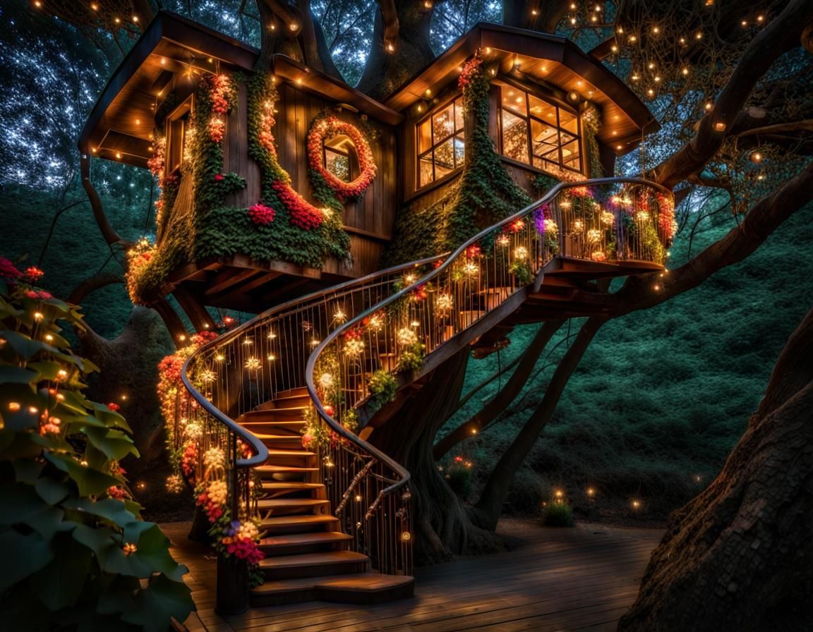 Festive Treehouse with Fairylights in Dark Fantasy Style