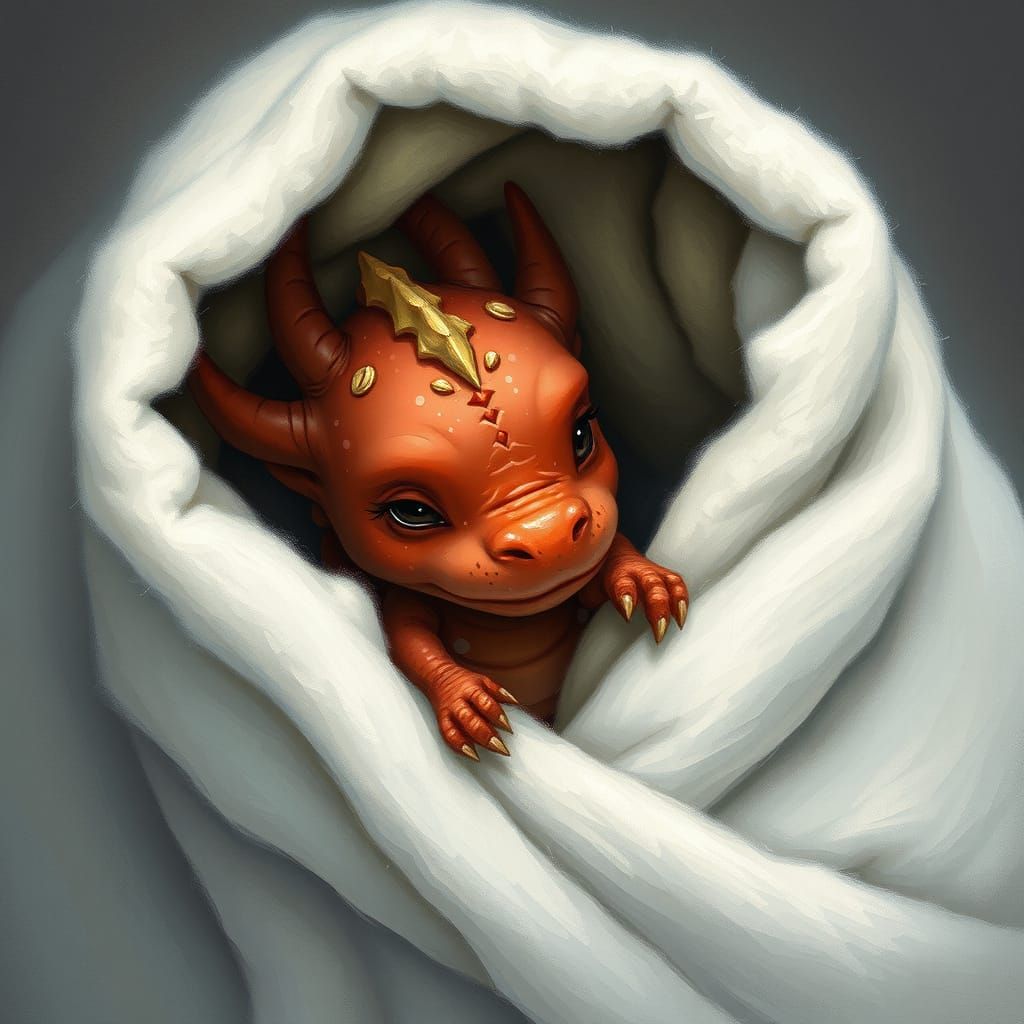 Little Red Dragon Under Blanket in Whimsical Style