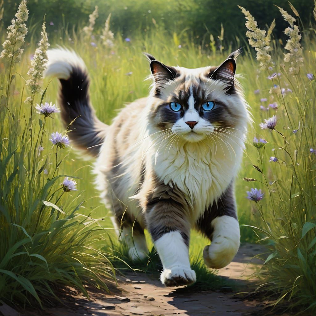 Whimsical Cat in Springtime Landscape
